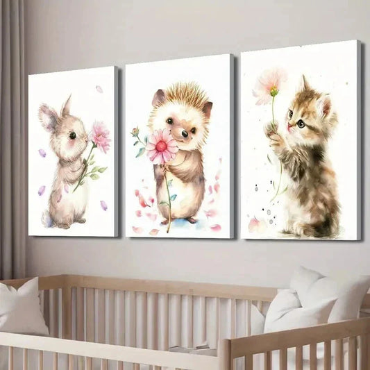 3pcs Rabbit Hedgehog Kitten Holding Flowers Wall Art Set Canvas Framed 40x60cm - High Quality Print 100% Australian Made Wall Canvas Ready to Hang