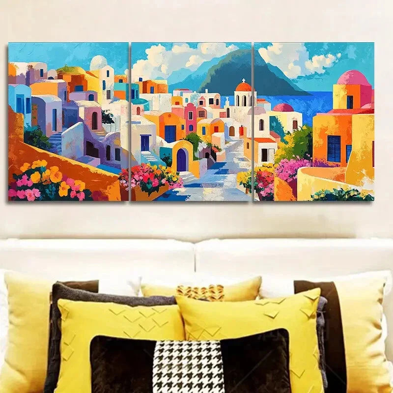 3pcs  Greek island style town  Wall Art Set Canvas Framed 40x60cm - High Quality Print 100% Australian Made Wall Canvas Ready to Hang