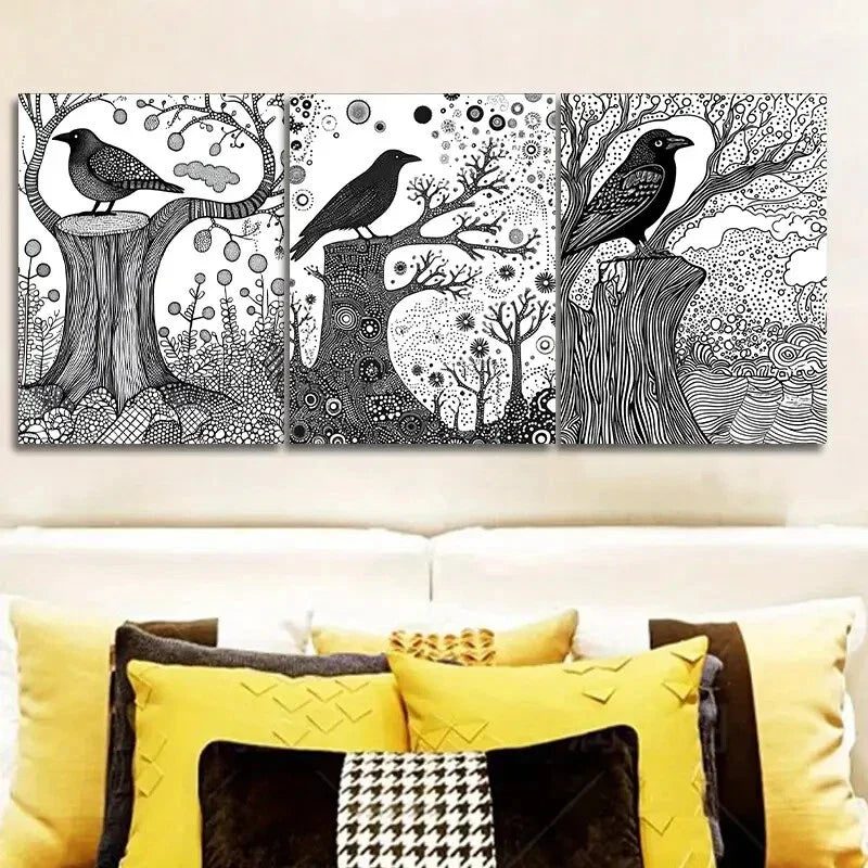 3pcs Black & White Nature Scene Intricate Tree Wall Art Set Canvas Framed 40x60cm - High Quality Print 100% Australian Made Wall Canvas Ready to Hang