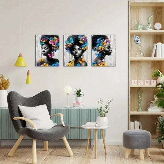 3pcs  Beautiful Portraits with Floral Butterfly Metal Print Ready to Hang Art