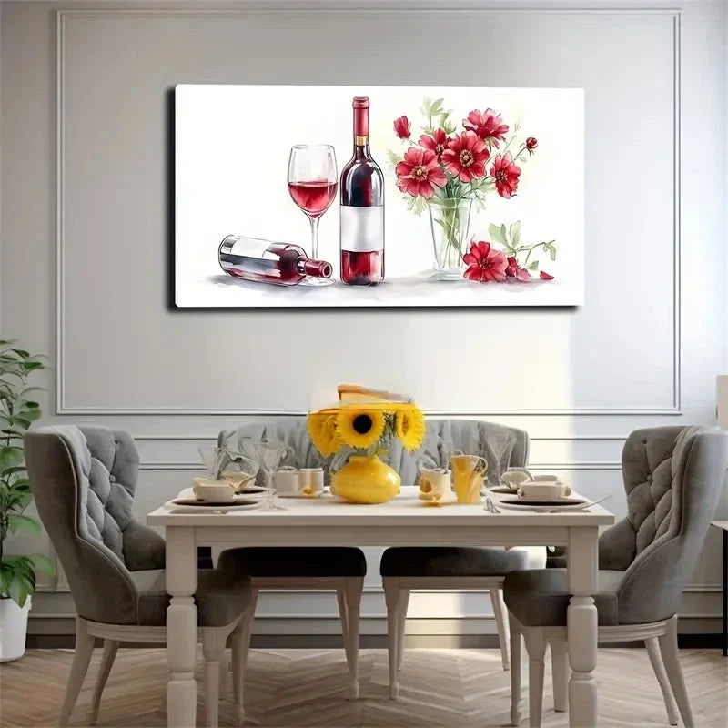 Two Wine Bottles & Glass Red Wall Art Canvas Office Home Room Framed 120x60cm