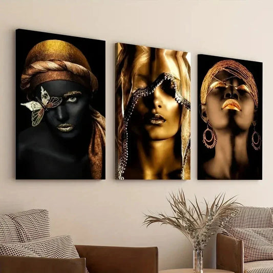 3pcs Black African American Woman Black and Golden Wall Art Set Canvas Framed 40x60cm - High Quality Print 100% Australian Made Wall Canvas Ready to Hang