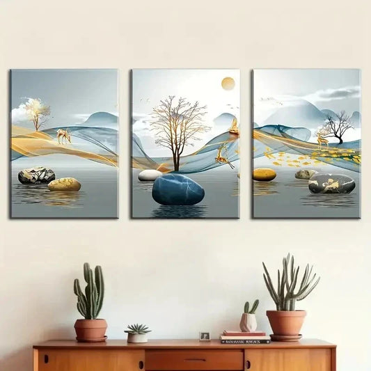 3pcs  Abstract Geometric Landscape Elk Metal Print Ready to Hang Art