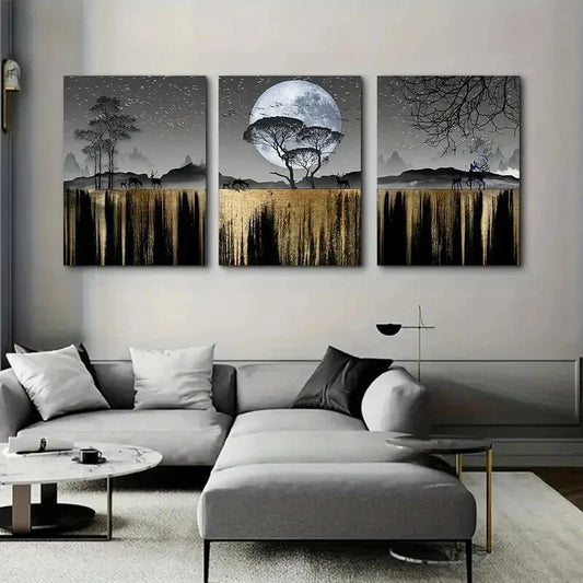 3pcs  Elk & Moonlight Scenery, Metal Print Ready to Hang Art