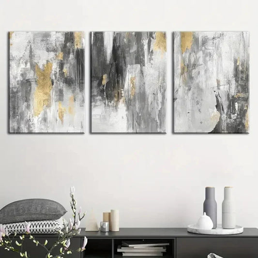 3pcs Golden And Grey Abstract Canvas Metal Print Ready to Hang Art