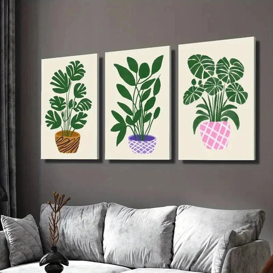 3pcs Monstera Deliciosa in a Flower Pot Wall Art Set Canvas Framed 40x60cm - High Quality Print 100% Australian Made Wall Canvas Ready to Hang