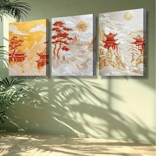 3pcs  Chinese Traditional Pavilion  Wall Art Set Canvas Framed 40x60cm -High Quality Print 100% Australian Made Wall Canvas Ready to Hang