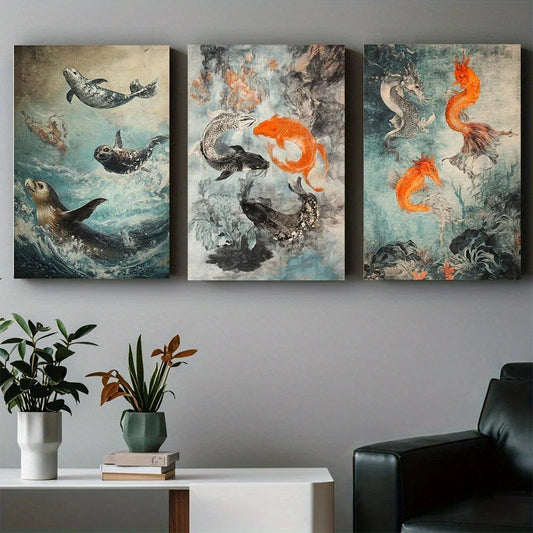 3pcs Abstract Art Fish Dancing in Water Metal Print Ready to Hang Art
