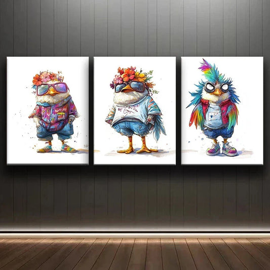 3pcs Modern Fantasy Bird Wearing Dress & Glasses Metal Print Ready to Hang Art