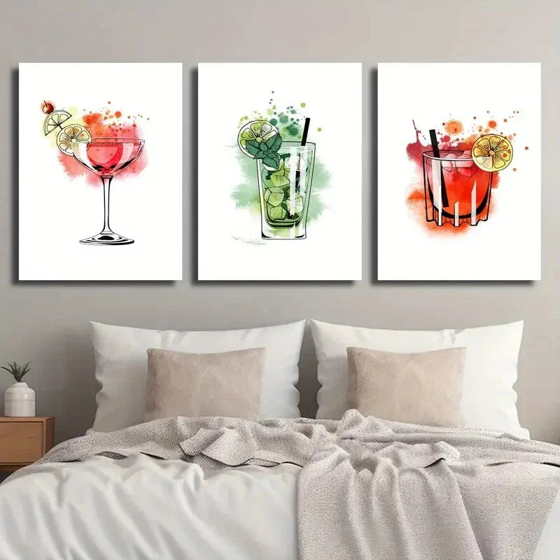 3pcs Mojito Cocktail Bar Watercolor Style Metal Print Ready to Hang Art