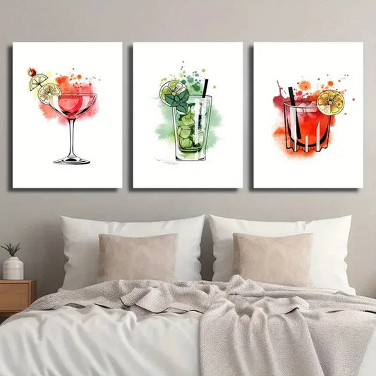 3pcs Mojito Cocktail Bar Watercolor Style Metal Print Ready to Hang Art