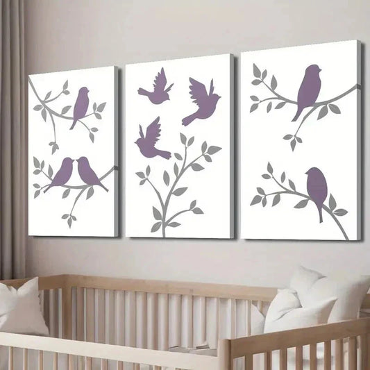 3pcs Purple Bird Art on Gray Branch Wall Art Set Canvas Framed 40x60cm - High Quality Print 100% Australian Made Wall Canvas Ready to Hang