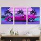 3pcs Vibrant Pink Sports Car with Palm Trees   Metal Print Ready to Hang Art Metal Print Ready to Hang Art