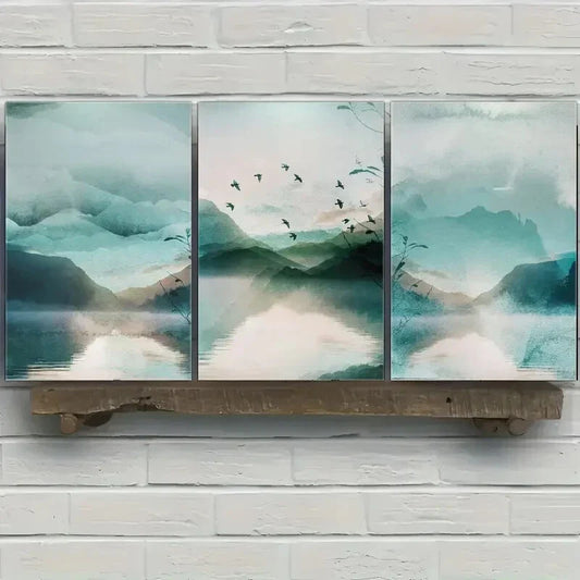 3pcs Blue Green Watercolor Style Abstract Mural Metal Print Ready to Hang Art