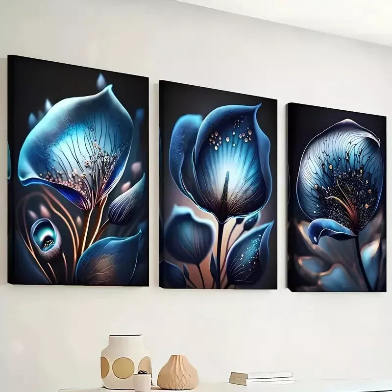3pcs Modern Dark Blue Fantasy Flowers Abstract   Wall Art Set Canvas Framed 40x60cm - High Quality Print 100% Australian Made Wall Canvas Ready to Hang