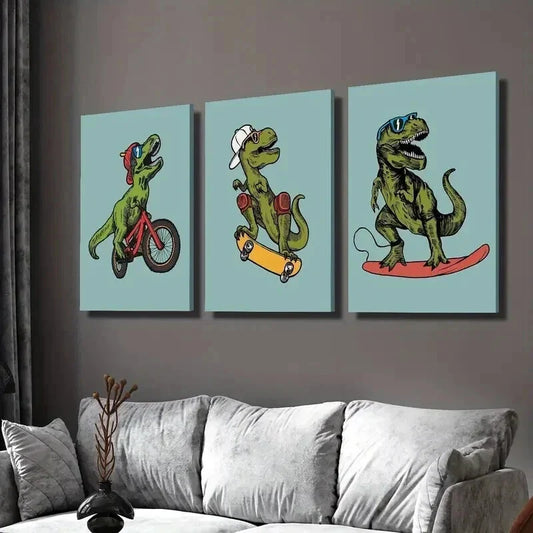3pcs Tyrannosaurus Rex Skateboarding and Riding Wall Art Set Canvas Framed 40x60cm - High Quality Print 100% Australian Made Wall Canvas Ready to Hang