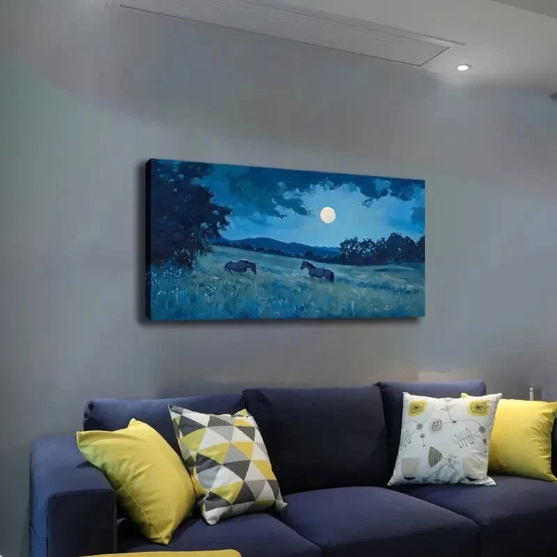 Two Horses in Blue Sky Meadow Wall Art Canvas Office Home Room Framed 120x60cm