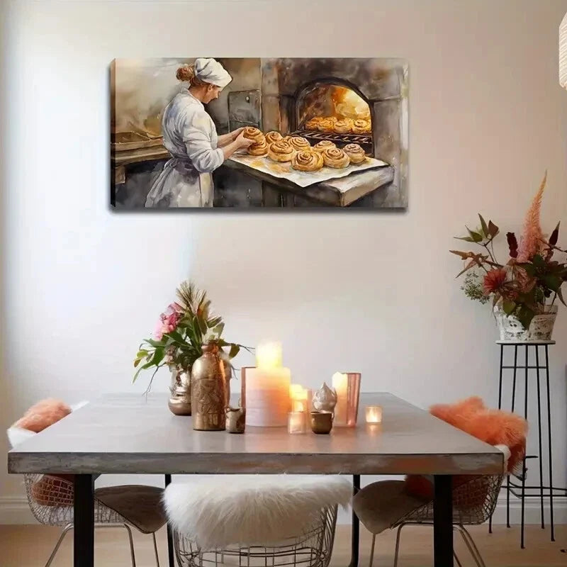 Chef Baking Bread Scene Wall Art Canvas Office Home Room Framed 120x60cm