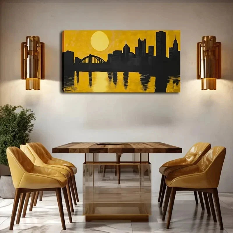 Silhouette Buildings & Golden Wall Art Canvas Office Home Room Framed 120x60cm
