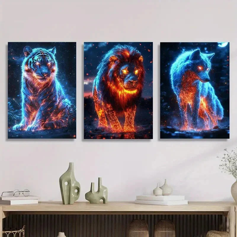3pcs Neon wild animals, abstract Metal Print Ready to Hang Art