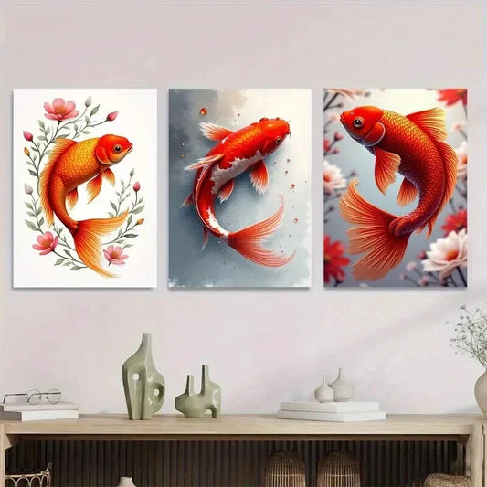 3pcs Vintage Goldfish Elegant Koi Fish Floral Wall Art Set Canvas Framed 40x60cm - High Quality Print 100% Australian Made Wall Canvas Ready to Hang