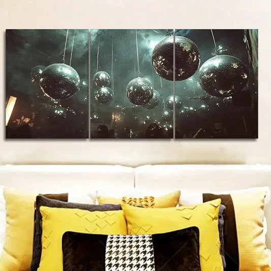3pcs Silver disco balls hang from the ceiling  Wall Art Set Canvas Framed 40x60cm - High Quality Print 100% Australian Made Wall Canvas Ready to Hang