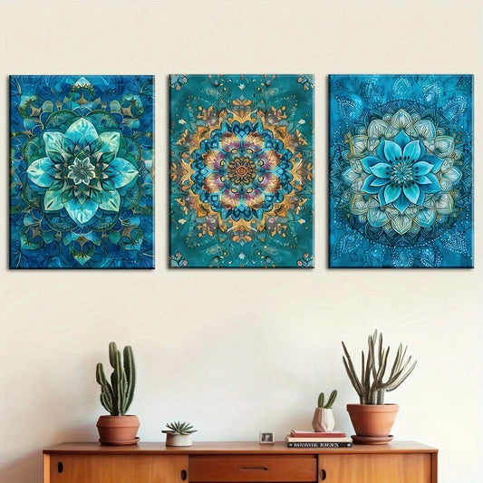 3pcs Featuring Abstract Blue Circular Abstract Metal Print Ready to Hang Art
