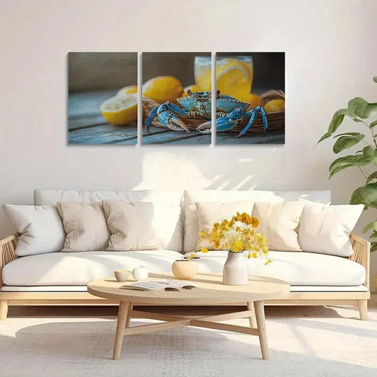 3pcs Vibrant Blue Crab Design Metal Print Ready to Hang Art