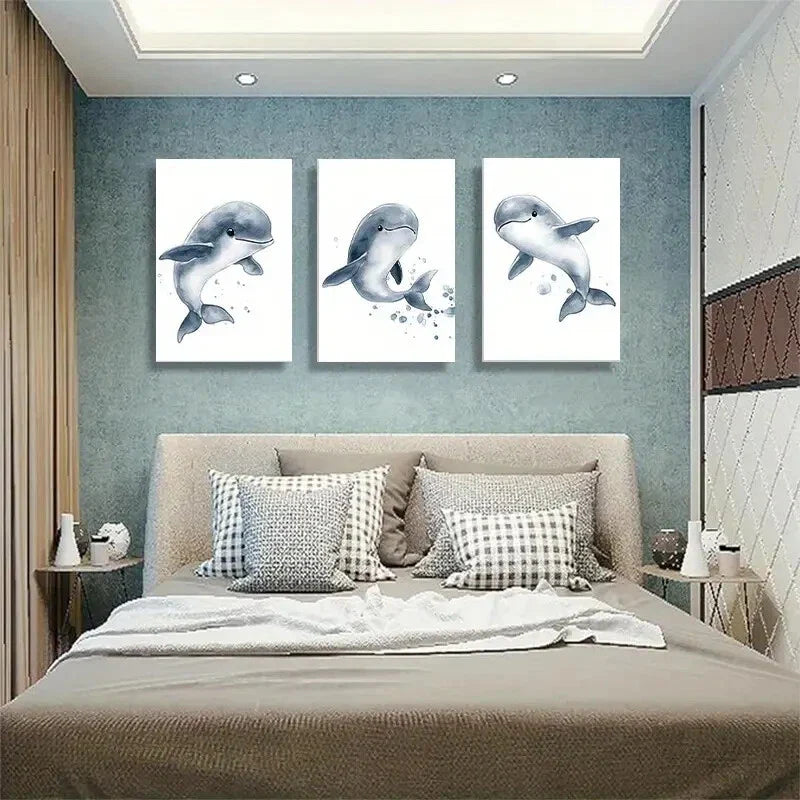 3pcs Playful Dolphin Energetic Sea Perfect Wall Art Set Canvas Framed 40x60cm - High Quality Print 100% Australian Made Wall Canvas Ready to Hang