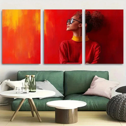 3pcs Strong Woman in Red Design Metal Print Ready to Hang Art