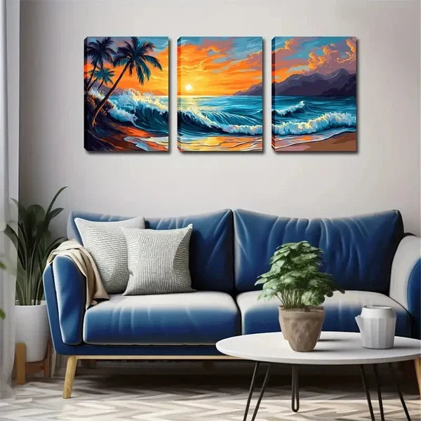 3pcs Coastal Landscape with Palm Trees & Ocean , Wall Art Set Canvas Framed 60X90cm - High Quality Print 100% Australian Made Wall Canvas Ready to Hang