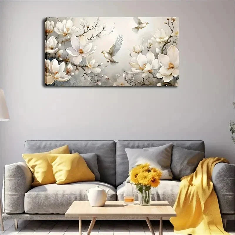 Blooming White Magnolia Flowers Wall Art Canvas Office Home Room Framed 80x45cm