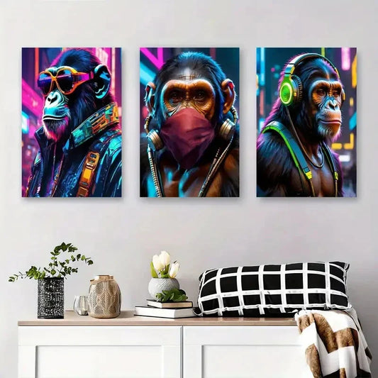 3pcs Monkeys with Headphones and Masks Metal Print Ready to Hang Art