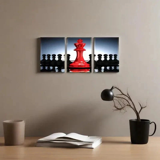 3pcs  Black and Red King and Knight Chess Pictures Metal Print Ready to Hang Art