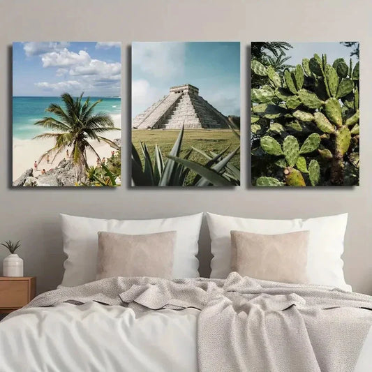 3pcs Caribbean Sea Beach Pyramid Ancient Green Metal Print Ready to Hang Art