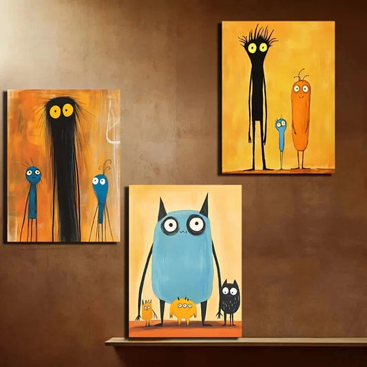 3pcs  Owls, Aliens & Friends, Modern & Playful Wall Art Set Canvas Framed 40x60cm - High Quality Print 100% Australian Made Wall Canvas Ready to Hang