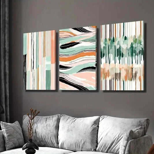 3pcs Modern Colorful Striped Green & Pink Wall Art Set Canvas Framed 40x60cm - High Quality Print 100% Australian Made Wall Canvas Ready to Hang