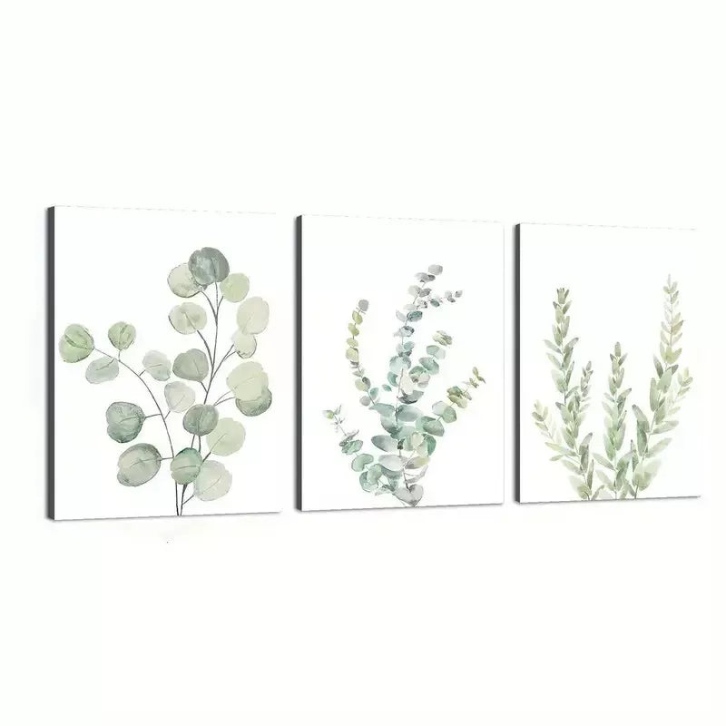 3pcs Lone Green Leaves Water Coloured Canvas Framed 40x60cm - High Quality Print 100% Australian Made Wall Canvas Ready to Hang