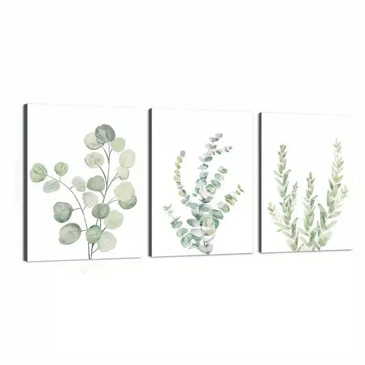 3pcs Lone Green Leaves Water Coloured Canvas Framed 40x60cm - High Quality Print 100% Australian Made Wall Canvas Ready to Hang