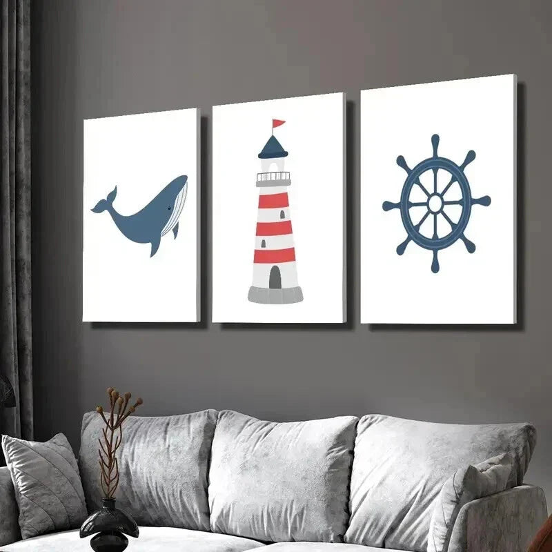 3pcs Navy Red Lighthouse Ship Steering & Whale Wall Art Set Canvas Framed 40x60cm - High Quality Print 100% Australian Made Wall Canvas Ready to Hang