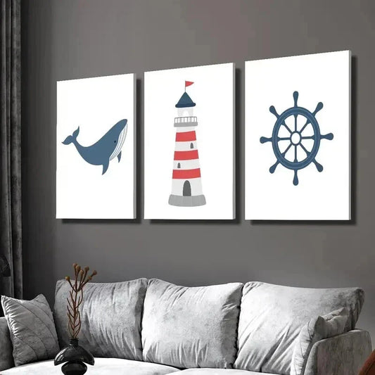 3pcs Navy Red Lighthouse Ship Steering & Whale Wall Art Set Canvas Framed 40x60cm - High Quality Print 100% Australian Made Wall Canvas Ready to Hang