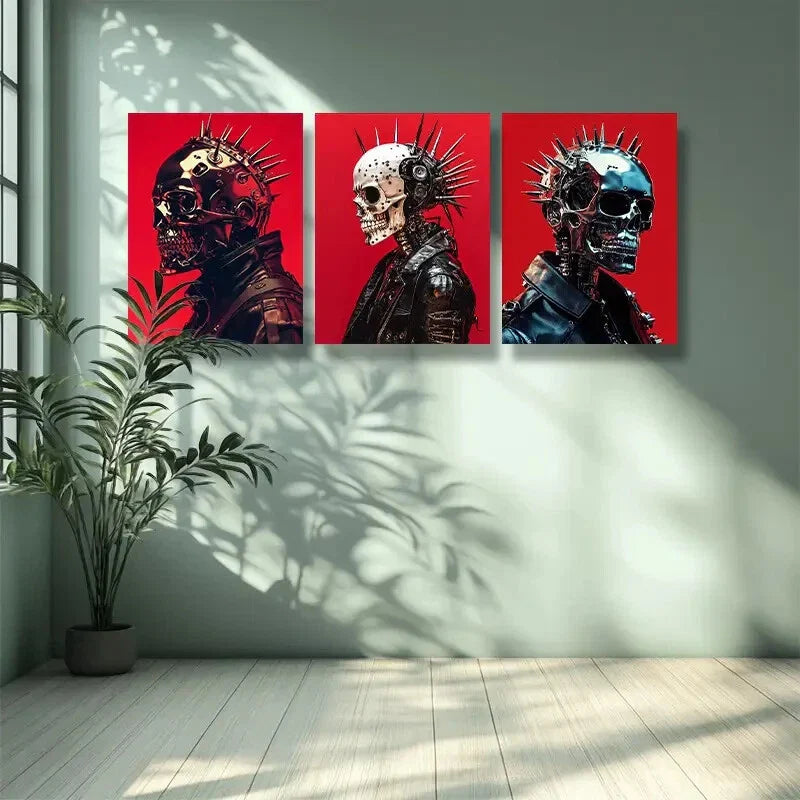 3pcs Skeleton punk In Red Background Wall Art Set Canvas Framed 40x60cm -High Quality Print 100% Australian Made Wall Canvas Ready to Hang