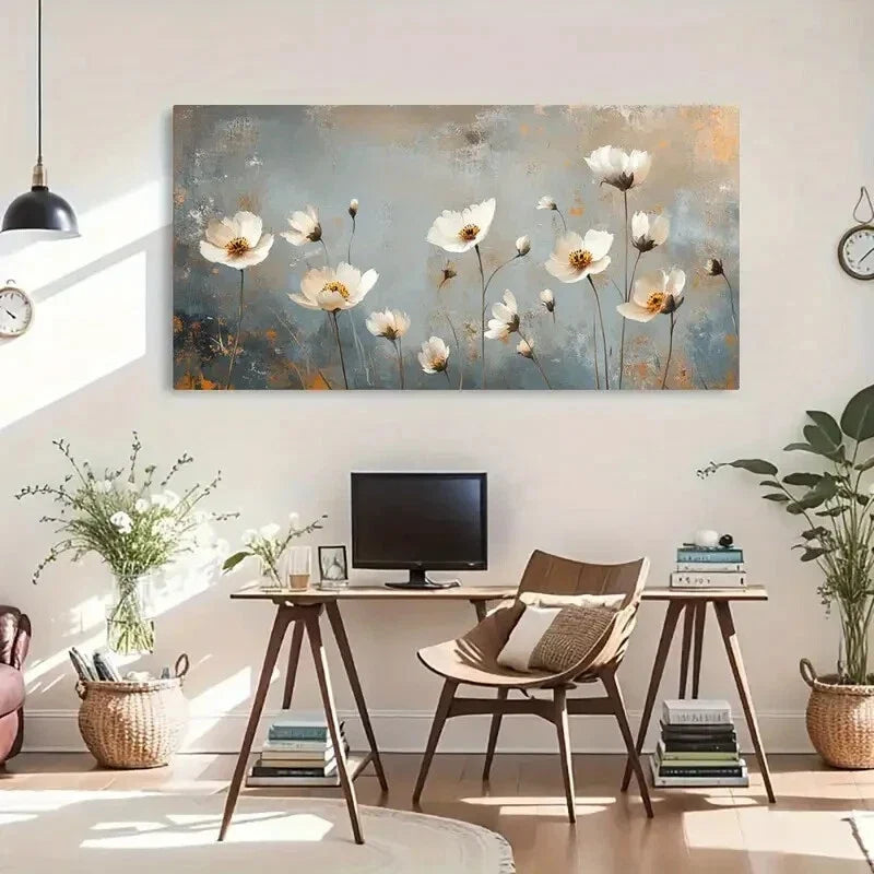 Soft Pastel White Flowers Wall Art Canvas Office Home Room Framed 120x60cm