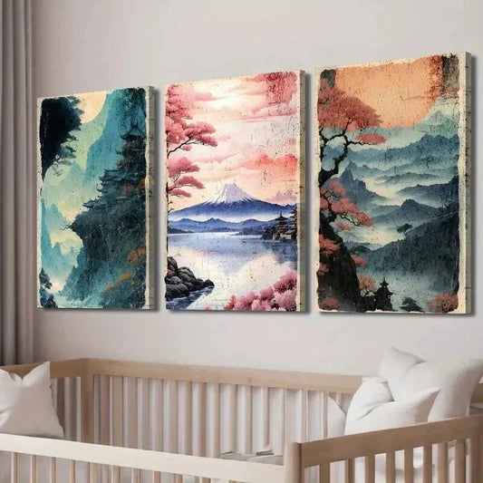 3pcs Vibrant Mount Fuji & Cherry Blossom Scenes Wall Art Set Canvas Framed 40x60cm - High Quality Print 100% Australian Made Wall Canvas Ready to Hang