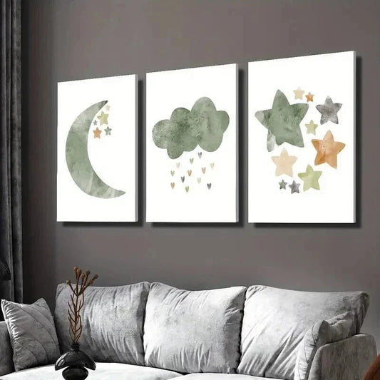 3pcs Light Green Illustration Stars and Moon Wall Art Set Canvas Framed 40x60cm - High Quality Print 100% Australian Made Wall Canvas Ready to Hang