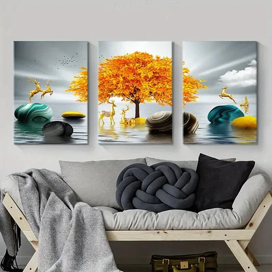 3pcs Golden Tree and Elk Modern Deer and Abstract Metal Print Ready to Hang Art