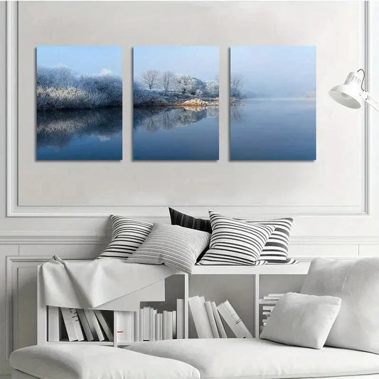 3pcs Natural Scenery By The Snow Lake Metal Print Ready to Hang Art