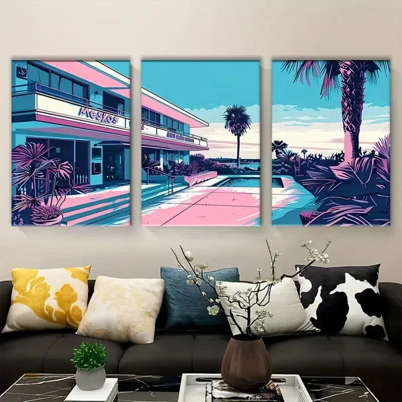 3pcs Big Trees Pool Stones Hotel Metal Print Ready to Hang Art