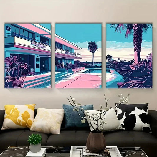 3pcs Big Trees Pool Stones Hotel Metal Print Ready to Hang Art