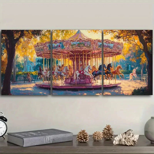 3pcs ink Carousel Design Classic Style Metal Print Ready to Hang Art